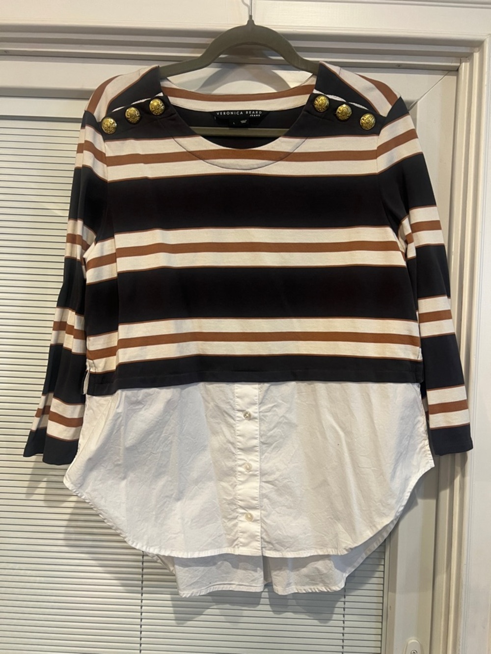 Veronica Beard Striped Layered Top Gold Button Shoulder Detail Size L